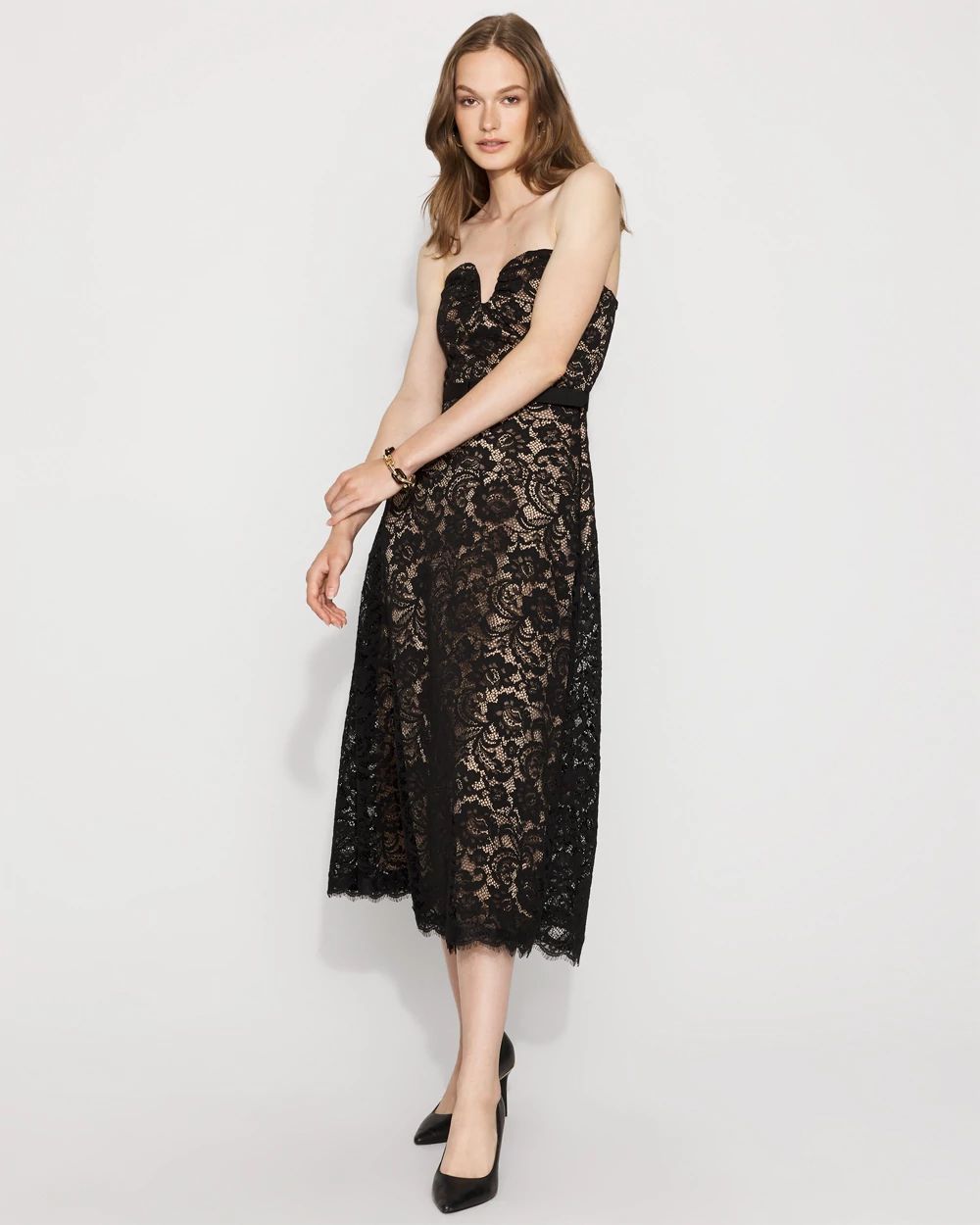 パーティードレス Lace Midi Dress Strapless Lace Fit & Flare Midi Dress | White House Black Market
